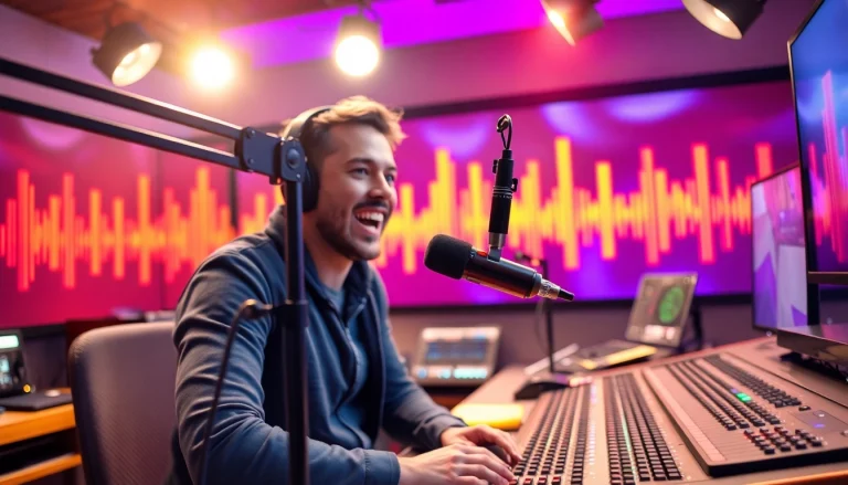 Engaging with hometownstation.com at a professional broadcasting studio with vibrant graphics.