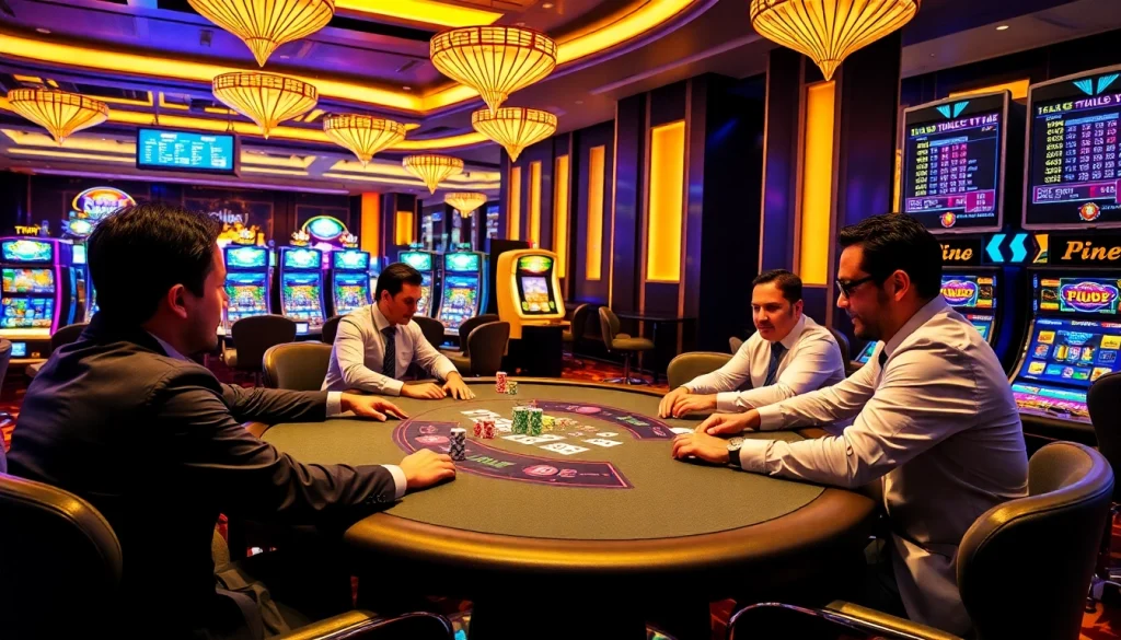 Experience the thrill of Tha bet at an upscale casino gaming table, showcasing professional players and vibrant chips.