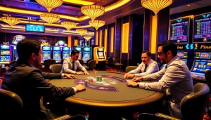 Experience the thrill of Tha bet at an upscale casino gaming table, showcasing professional players and vibrant chips.