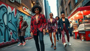 Couture streetwear fashion scene showcasing stylish individuals in a vibrant urban setting.