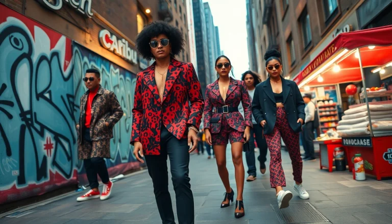 Couture streetwear fashion scene showcasing stylish individuals in a vibrant urban setting.