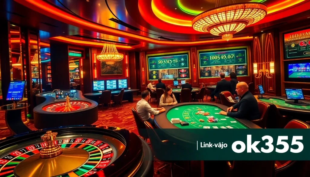 Exciting gambling action at a casino featuring Link vào ok365, with poker chips, cards, and lively roulette.