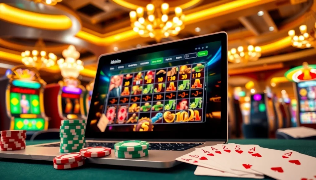 Exciting online gambling scene featuring vibrant visuals from https://kkwin.diy/ with casino elements like chips and cards.