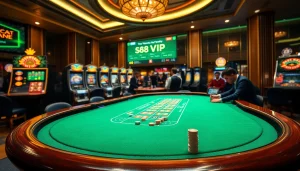 S88VIP players enjoying an exciting casino experience with vibrant poker chips and slot machines.