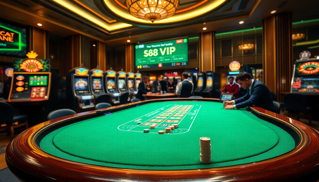 S88VIP players enjoying an exciting casino experience with vibrant poker chips and slot machines.