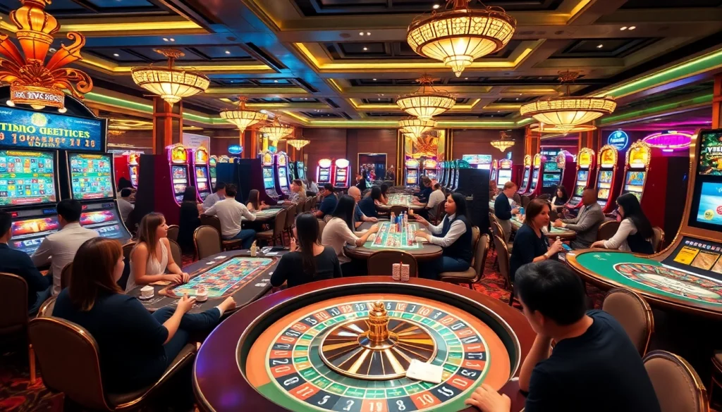 Exciting VN88 casino scene with players at gaming tables and vibrant slot machines.