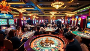 Exciting VN88 casino scene with players at gaming tables and vibrant slot machines.