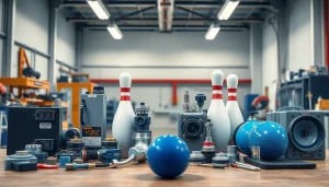 Bowling parts for Brunswick with electronic and machine components in a professional setting.