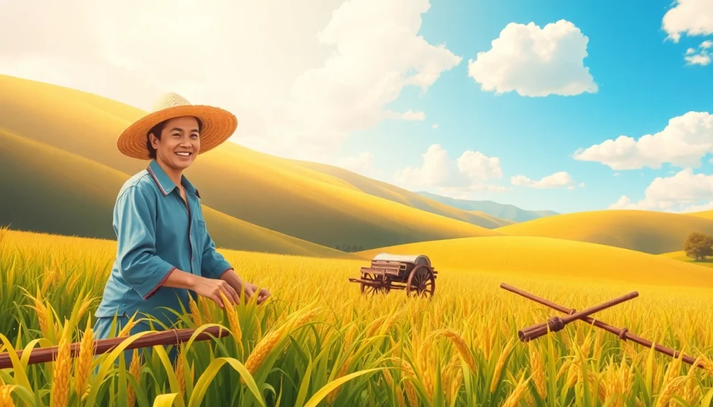 Petani toto bekerja di ladang subur dengan senyum ceria, dikelilingi tanaman hijau.