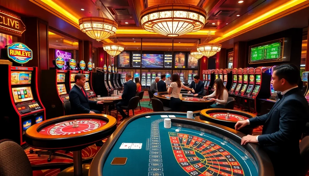 Players experiencing the thrill of gambling at XX88 with colorful slot machines and gaming tables.