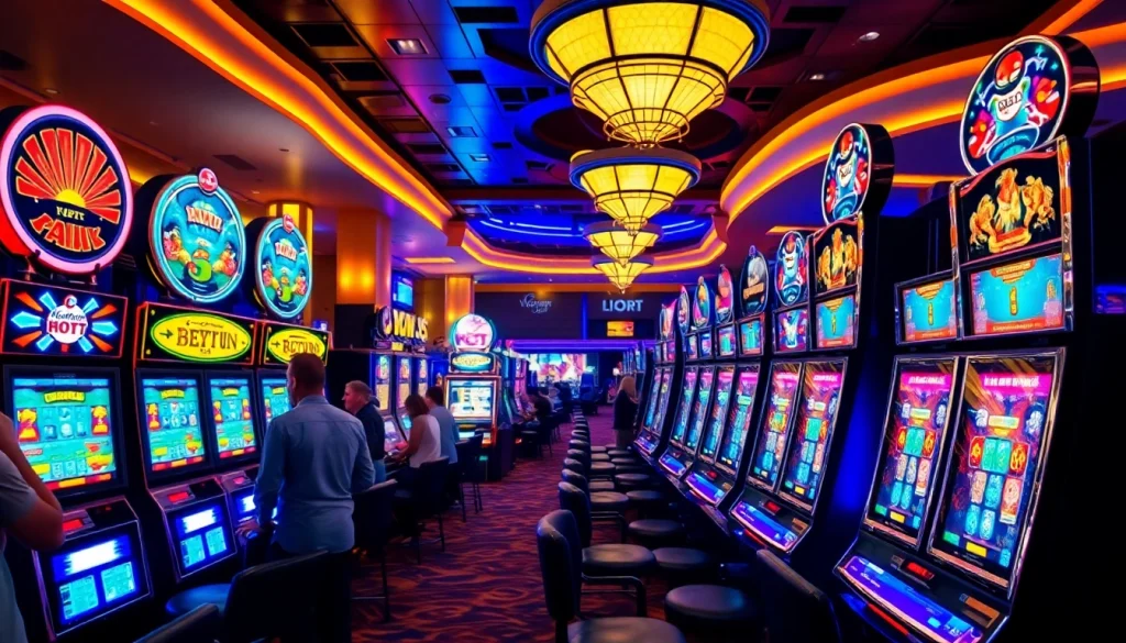 Berpartisipasi dalam permainan slot deposit 1000 dengan suasana kasino yang ramai dan cemerlang.