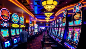 Berpartisipasi dalam permainan slot deposit 1000 dengan suasana kasino yang ramai dan cemerlang.