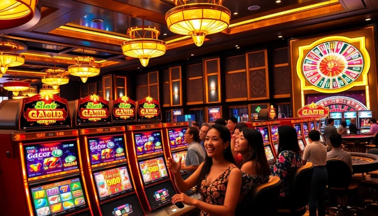 Engaging scene showcasing Slot Gacor Hari ini excitement with colorful slot machines and eager players.