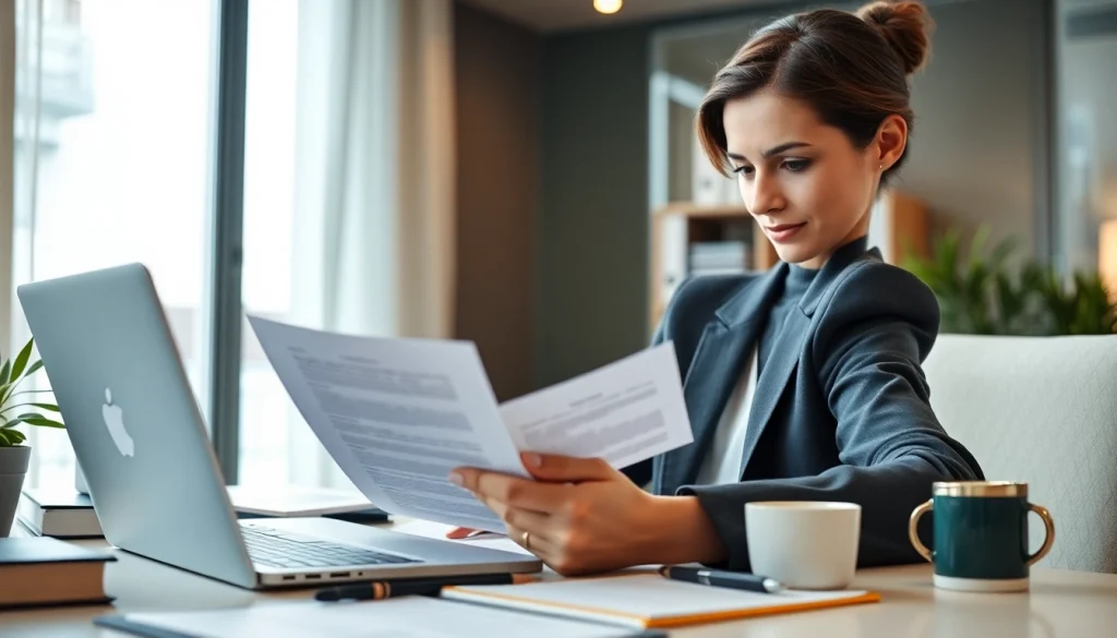 Professional certified translator reviewing documents in a modern office, highlighting the expertise of a beëdigd vertaler.