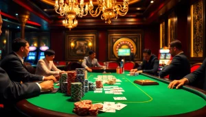 High-stakes poker action at a casino featuring hi88.photo vivid colors and luxurious decor.