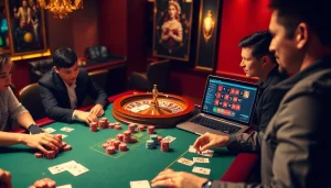 Exciting scene of poker players engaging at a casino table, highlighting rút tiền qq88 in online gambling.