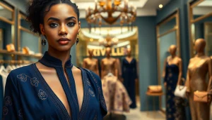 Admire Rivelle clothing on a model in an elegant boutique showcasing luxury and style.