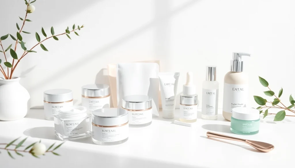 Koreansk hudvård online-produkter stilfullt visade på ett vitt skrivbord.