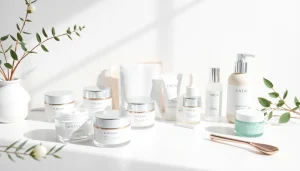 Koreansk hudvård online-produkter stilfullt visade på ett vitt skrivbord.