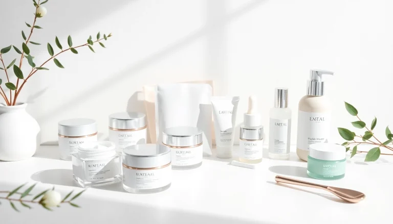 Koreansk hudvård online-produkter stilfullt visade på ett vitt skrivbord.