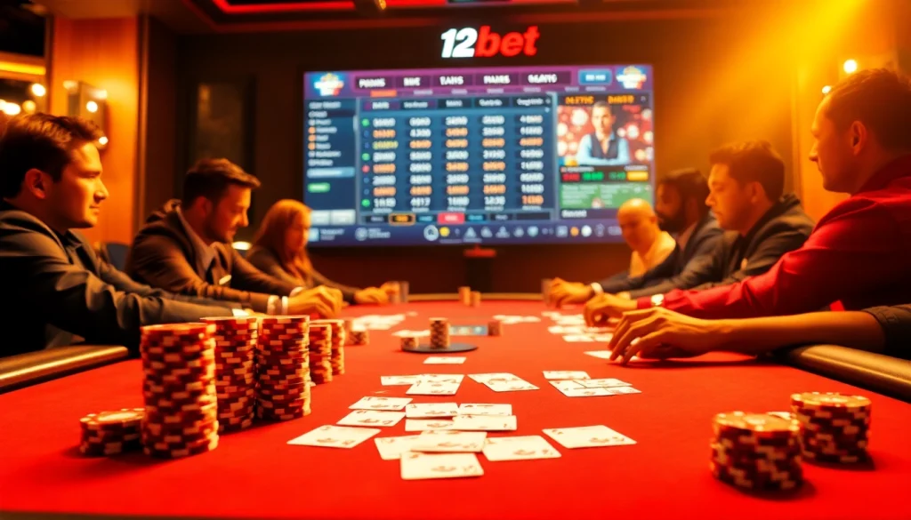 Engage in thrilling games at 12bet with vibrant poker chips and luxurious casino atmosphere.