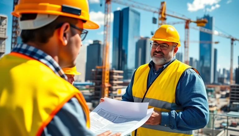 New York Construction Manager coordinating a busy construction site with a vibrant skyline backdrop.