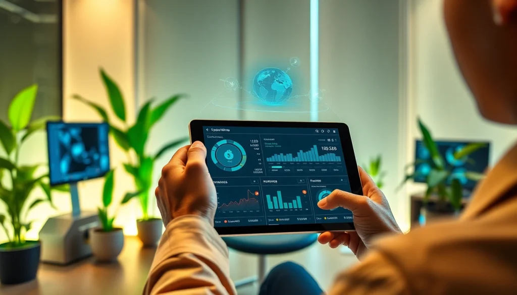 User engaging with a crypto mining app on a tablet in a modern home office, displaying live earnings.