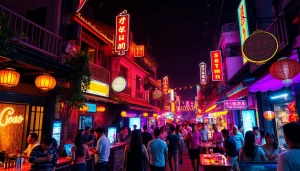Explore the lively 베트남밤문화, featuring vibrant nightlife with neon lights and dynamic crowds.