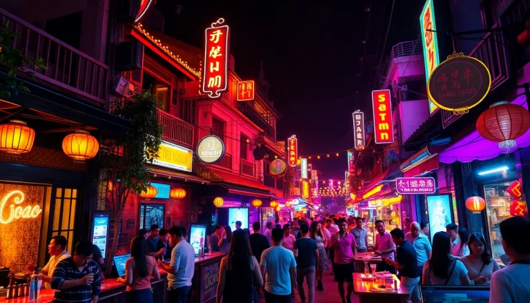 Explore the lively 베트남밤문화, featuring vibrant nightlife with neon lights and dynamic crowds.