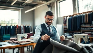 Crafting tailor made bespoke suits in a well-lit workshop with colorful fabrics and elegant designs.