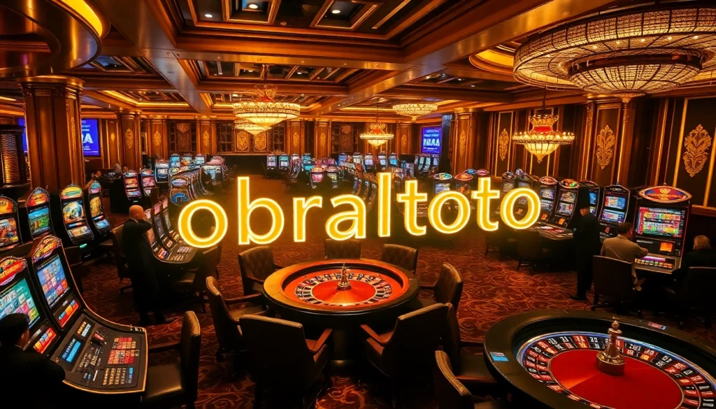 Menikmati permainan slot yang seru di kasino obraltoto dengan meja-meja yang berwarna-warni dan pemain yang antusias.