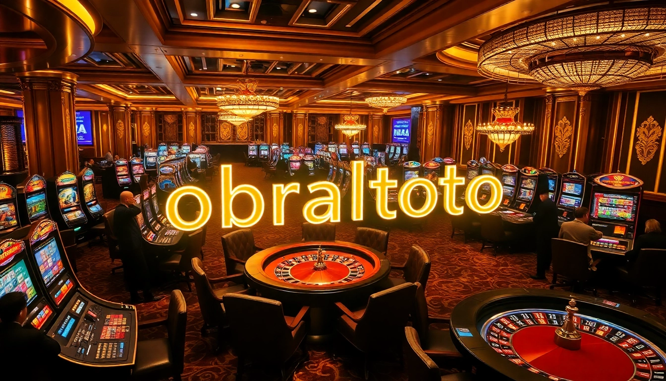 Menikmati permainan slot yang seru di kasino obraltoto dengan meja-meja yang berwarna-warni dan pemain yang antusias.