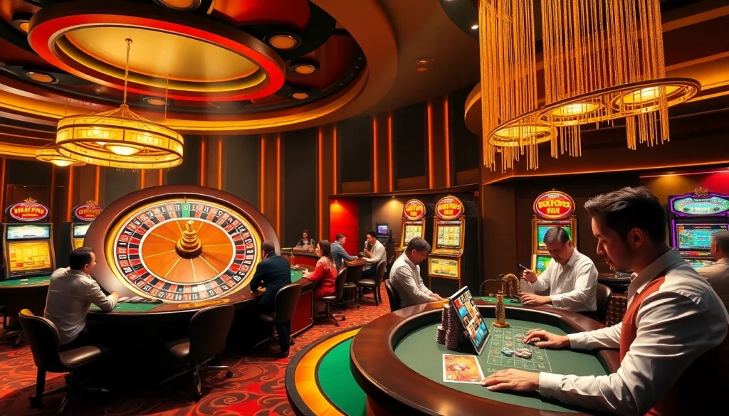 Thrilled players enjoying games at VUA99's vibrant casino atmosphere, featuring roulette and card tables.