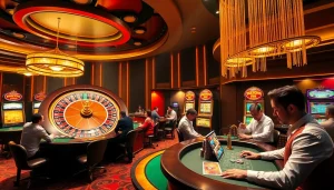 Thrilled players enjoying games at VUA99's vibrant casino atmosphere, featuring roulette and card tables.