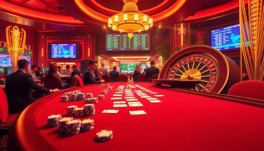 Nohu-inspired casino scene with poker players, chips, and a vibrant roulette wheel