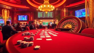 Nohu-inspired casino scene with poker players, chips, and a vibrant roulette wheel