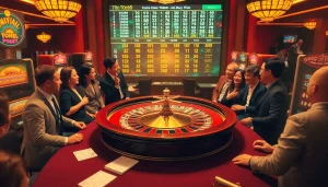 Excited players engaging in toto togel at an elegant roulette table in a vibrant casino.