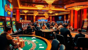Experience the thrill at UU88 with players strategizing at poker tables amid dazzling casino lights.