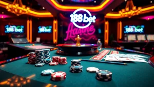 Experience thrilling casino action at https://188bet.baby/ with poker chips stacked high and vibrant gaming tables.