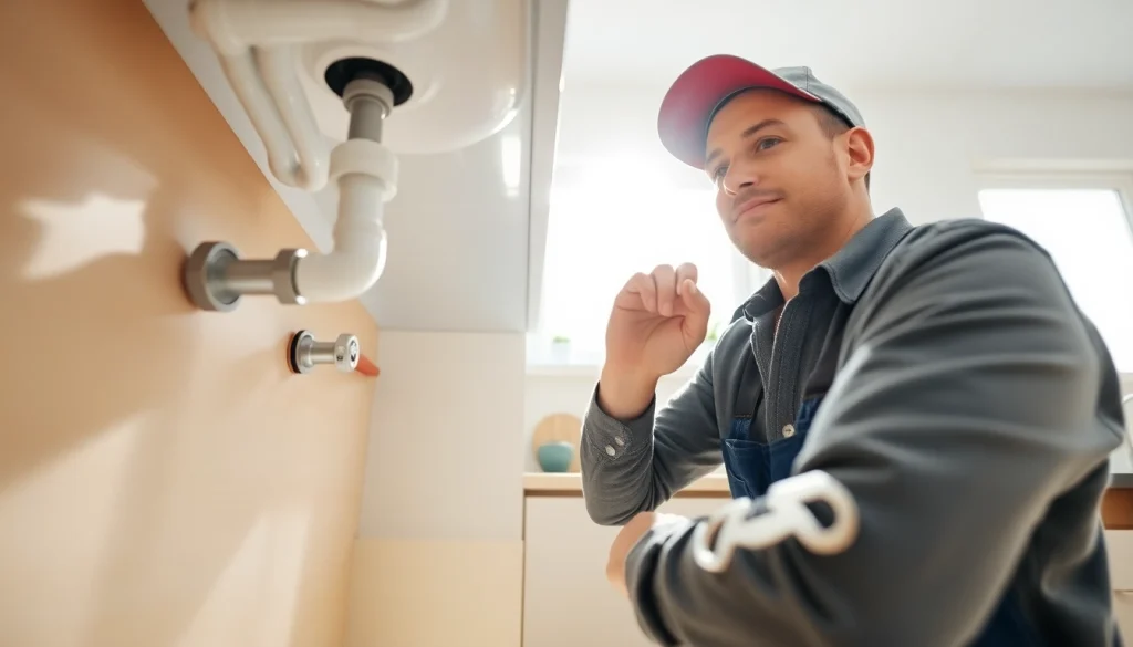Plumber inspecting pipes under the sink at https://speedyservicestoday.com.au in a bright kitchen.