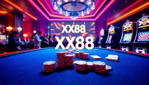 Players enjoy a thrilling round at XX88 poker table with vibrant casino atmosphere.