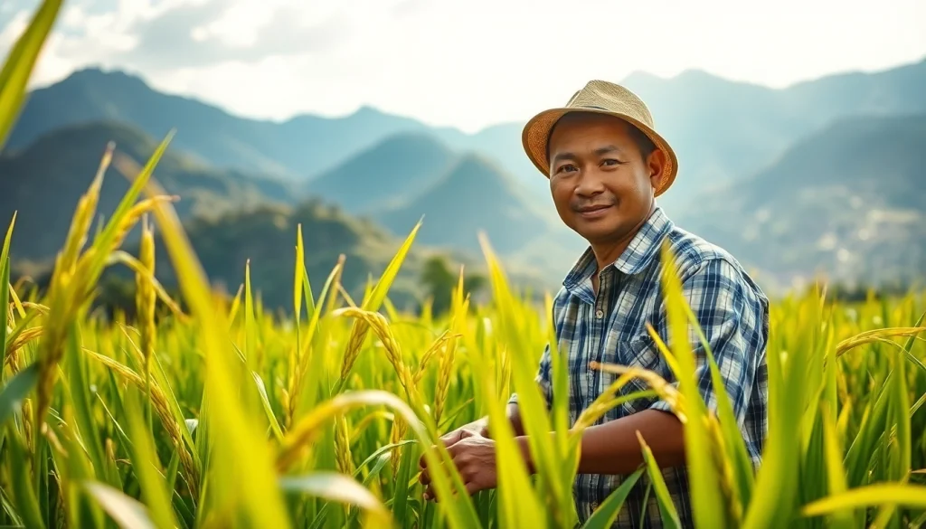 Petani toto bekerja di ladang padi subur dengan suasana tenang dan fokus.