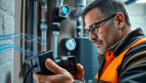 Leak Detection Specialist using advanced tools in a residential plumbing setting.