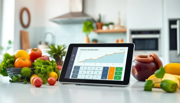 Engaging calorie calculator interface on a digital device set amidst fresh produce for health-focused meal planning.