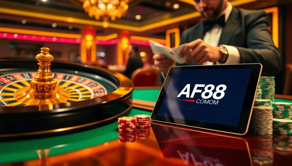 Engage with thrilling games at AF88 COM's modern casino featuring vibrant poker chips and slick interfaces.