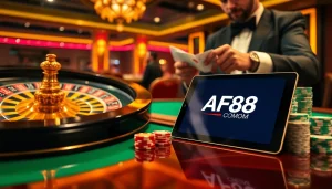 Engage with thrilling games at AF88 COM's modern casino featuring vibrant poker chips and slick interfaces.