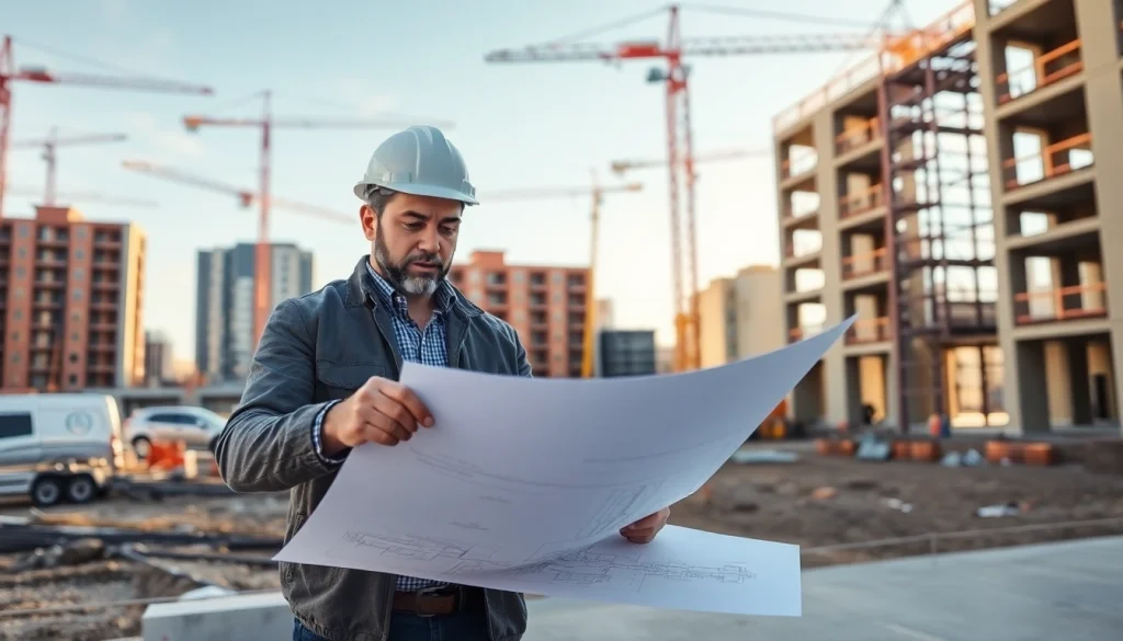 New Jersey Construction Manager analyzing blueprints at a bustling construction site.