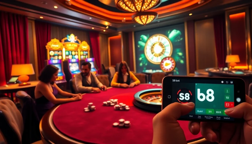 Players strategize with s8 bet at a luxurious poker table in a vibrant casino.