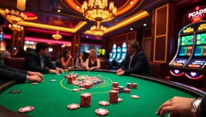 Engaged players enjoying poker at a casino table while tracking 7m odds in the background.