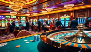 An engaging view of a casino scene featuring players at tables while showcasing https://kjc.onl/ as a hub for thrilling games and excitement.